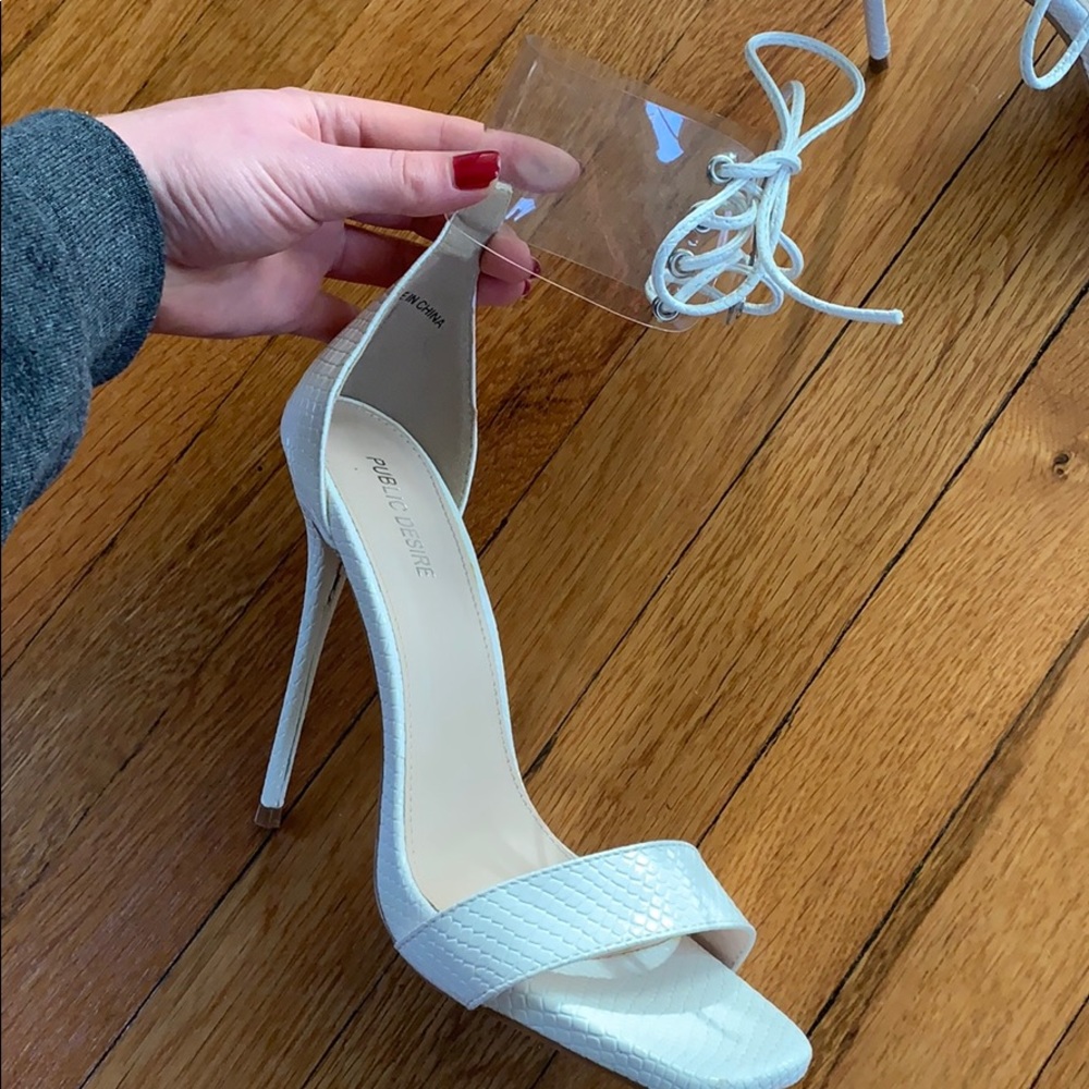 NEVER WORN white croc clear strappy lace-up heel